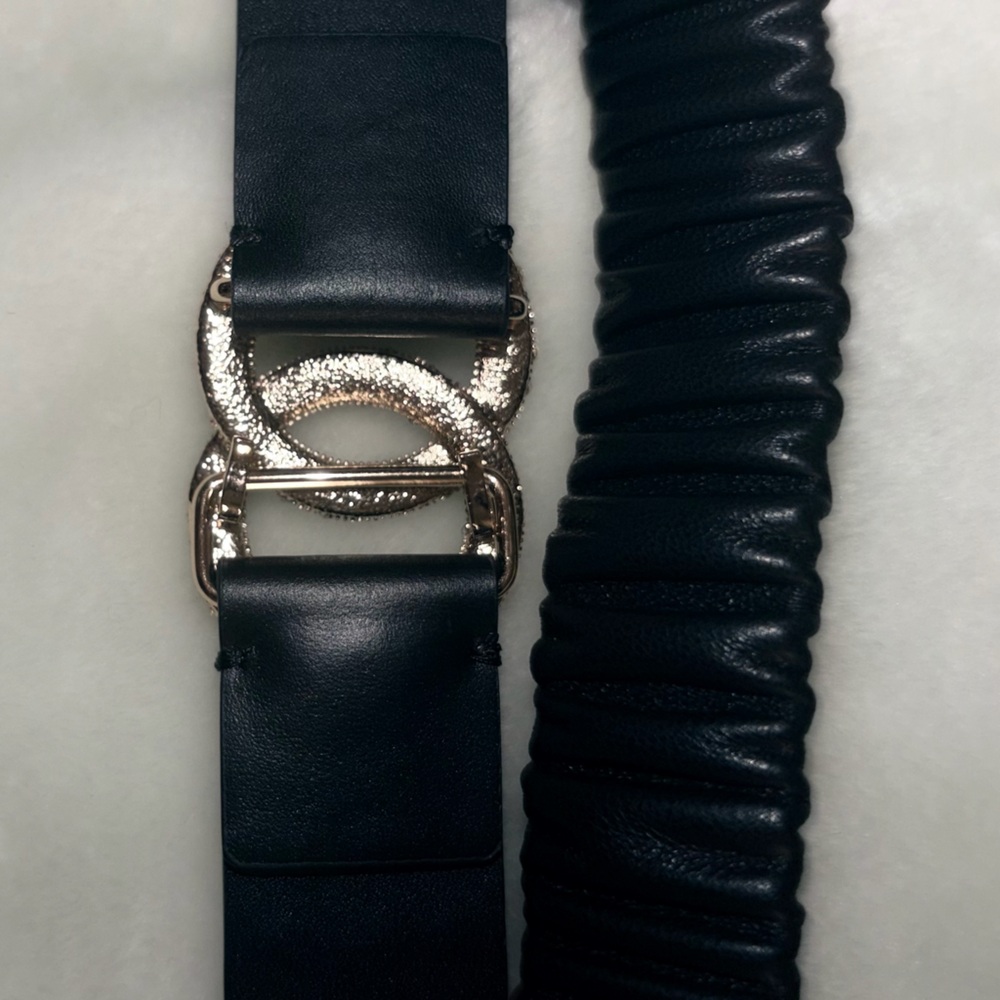 Gold CHA NEL Crystal interlocking CC Black Leather Scrunch Waist Belt & Box XS S - Picture 14 of 14
